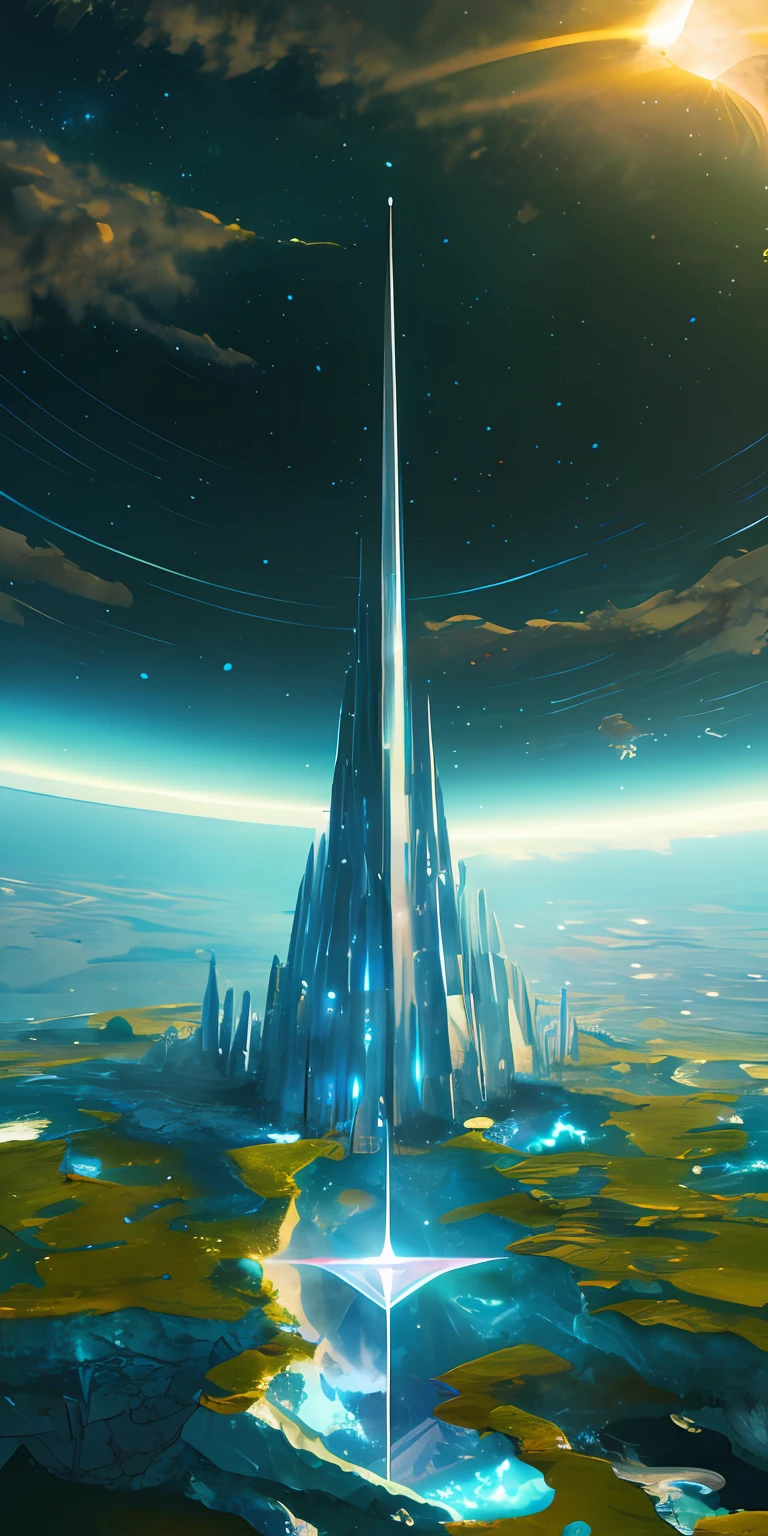 Illustration of a surreal, otherworldly, super sky scene, including a crystal tower reaching to the sky, textured high detail, 8k, best quality