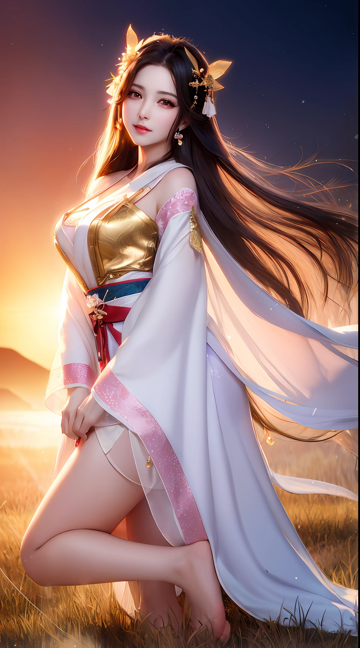 In the early morning, a beautiful girl is kneeling on the prairie, with a delicate face, smiling, wearing Hanfu, delicate patterns on the clothes, long white hair, long hair shawl, open chest dress, long eyelashes, lip gloss, red eye shadow, bare feet, Silk long sleeves, pale skin, masterpiece, best, 8K, big breasts, delicate golden hairpin,