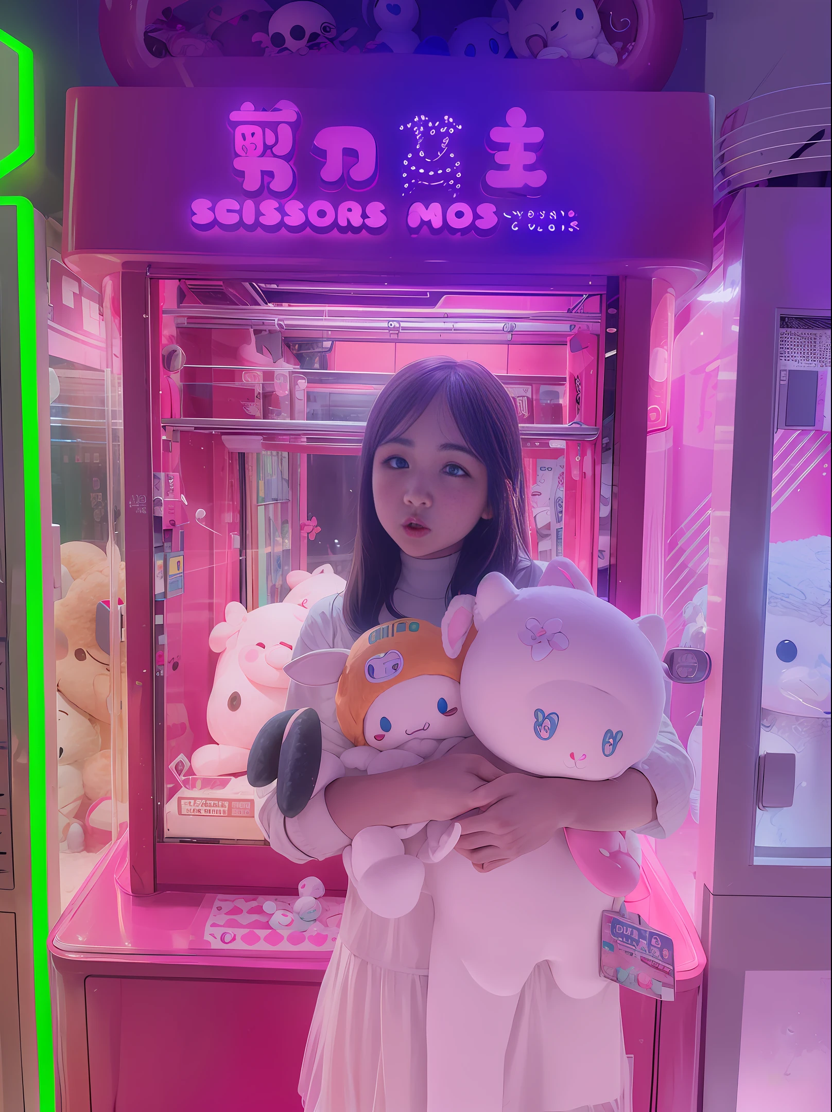 araffe girl holding two soft toys in front of toy machine, stuffed animals photography, neon lights, woman holding more toys, kawaii aesthetics, lofi girl, shot with sony alpha 9, y 2 k cutecore clowncore, lofi girl Aesthetics, 🐋 as 🐘 🤖 👽 🐳, cute toys, big eyes, pouty mouth, nice cheeks