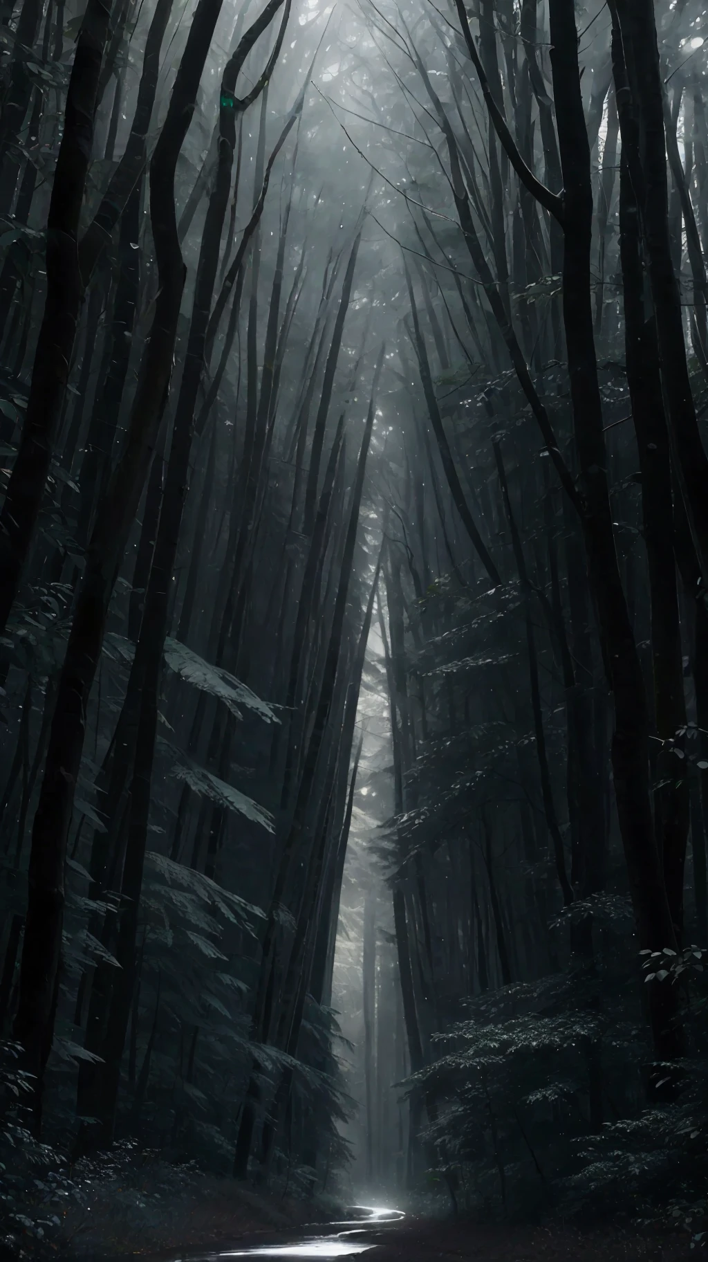 Dense forest in torrential rain at night, raindrops pouring from trees, distant thunder rumbling, masterpiece, best quality, high quality, extremely detailed CG unity 8k wallpaper, oil painting, award winning photography, bokeh, depth of field, HDR, bloom, chromatic aberration, photorealism, very detailed, trending on artstation, trending on CGsociety, intricate, high detail, dramatic, midjourney art (volumetric lighting: 1.2)