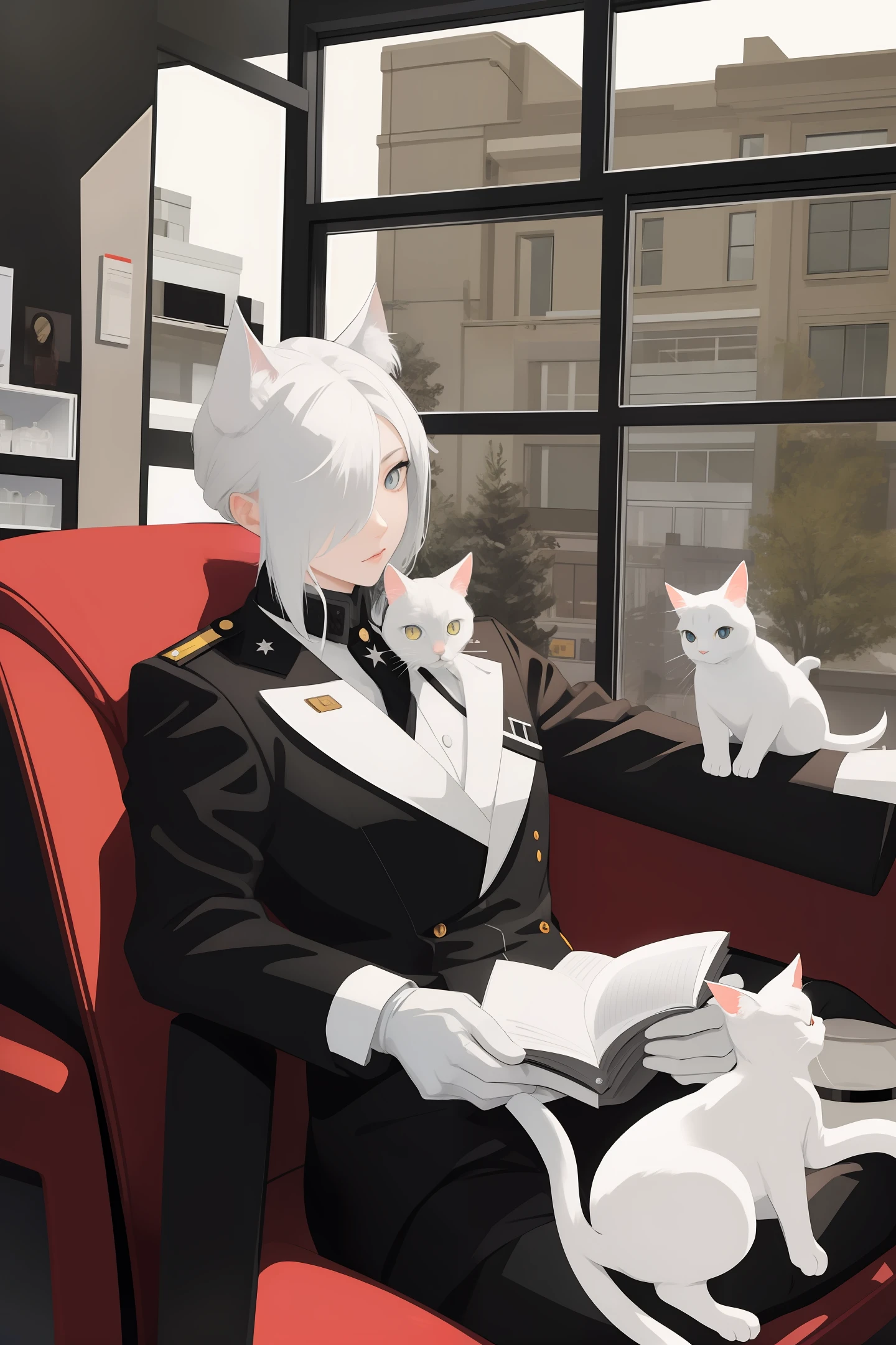 (Masterpiece) white cat with black and gray color, wearing a military suit sitting on a chair in a store with a large window facing the street, drinking coffee, in a super realistic style, werecat