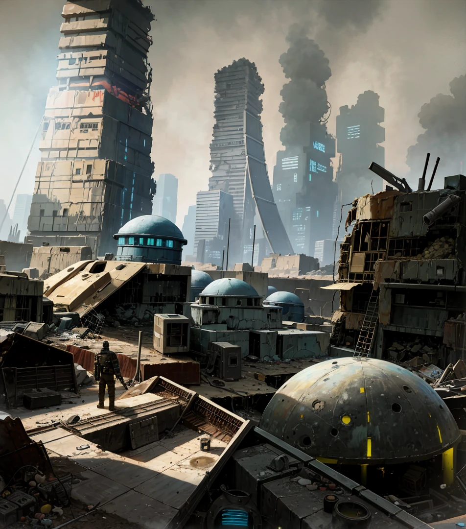 Post Apocalyptic, Retro Futuristic City, Wartorn landscape. (Destruction), (Craters), (Shell holes). Diesel Punk Setting, Haunting War-torn, Oil Painting, Jakub Różalski, Pixiv, Artstation.