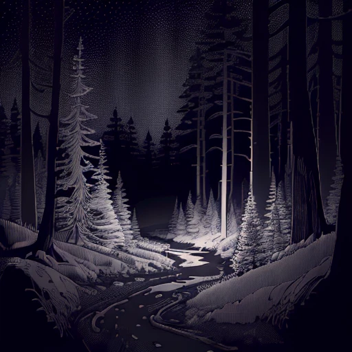 (((Full-colour line art, ligne claire))) A woodcutter's cabin in a dark forest on a dark and (((moonless))) night, by Abigail Larson, masterpiece, extremely high details, dark, mystery, suspense