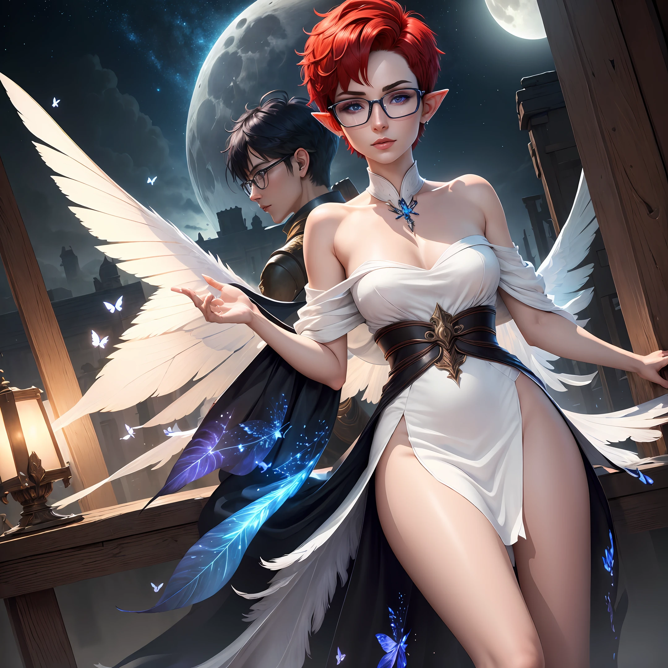 (((Masterpiece))), best quality, ultra-detailed CG unity 8k wallpaper, androgynous female, short red pixie cut hair, blue eyes, black glasses, elf ears, white feather wings, white dress, butterflies, night time, moon
