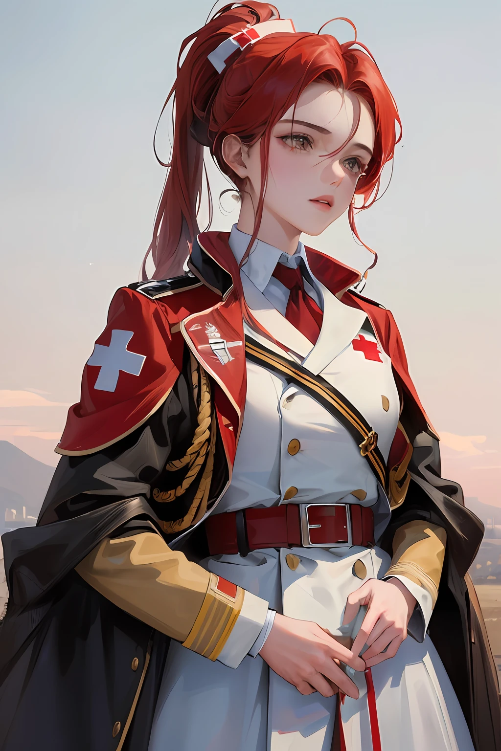 (highest resolution, distinct_image) The best quality, (a girl and a boy standing still for a photo), handsome, masterpiece, highly detailed, semi realistic, 21 years old, mature, expresionless, young, beautiful, military fatigues, red cross, outdoors,