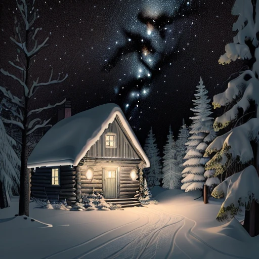 (((Full-colour line art, ligne claire))) cabin in the woods with snow and trees, dark forest, (((dark and moonless night))), by Abigail Larson, masterpiece, extremely high details, dark, mystery, suspense