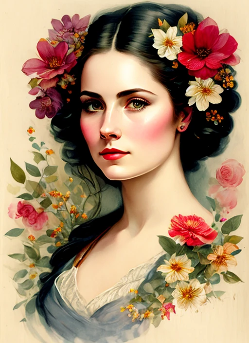 Realistic lithograph sketch portrait of Charlie Bowater, woman, flowers, [gear], pipes, dieselpunk, multicolored ribbons, old paper texture, highly detailed