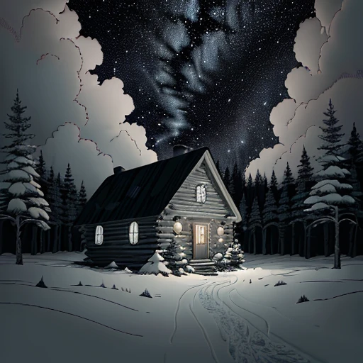 (((Full-colour line art, ligne claire))) cabin in the woods with snow and trees, dark forest, (((clouds))), (((dark and moonless night))), by Abigail Larson, masterpiece, extremely high details, dark, mystery, suspense