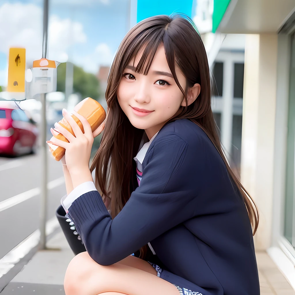 Cute teenage girl in AKB48 uniform, AKB48 Team TP, AKB48 uniform, (masterpiece, top quality: 1.2), ultra-high definition, (photorealistic: 1.4), detailed skin, cinematic lighting , friendly, intelligent, engaging in conversation, happy, kind, energetic, cheerful, creative, bright eyes and contagious smile, miniskirt showing panties, inside a convenience store, squatting and eating a hot dog there is Open your big mouth and lick frankfurters