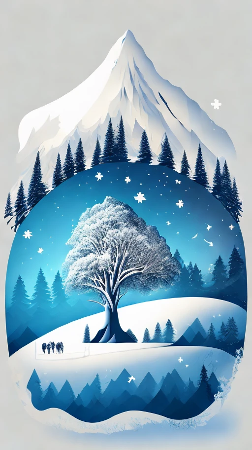 A towering tree in winter landscape, t-shirt design, rzminjourney, vector art