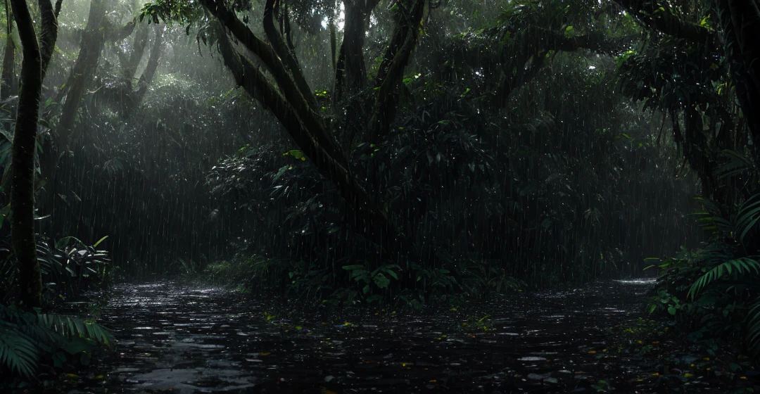 A jungle, with intense rainfall, monochromatic, vines all around, giant and wet trees, masterpiece, best quality, high quality, extremely detailed CG unity 8k wallpaper, oil paiting, award winning photography, Bokeh, Depth of Field, HDR, bloom, Chromatic Aberration ,Photorealistic,extremely detailed, trending on artstation, trending on CGsociety, Intricate, High Detail, dramatic, art by midjourney, volumetric lighting