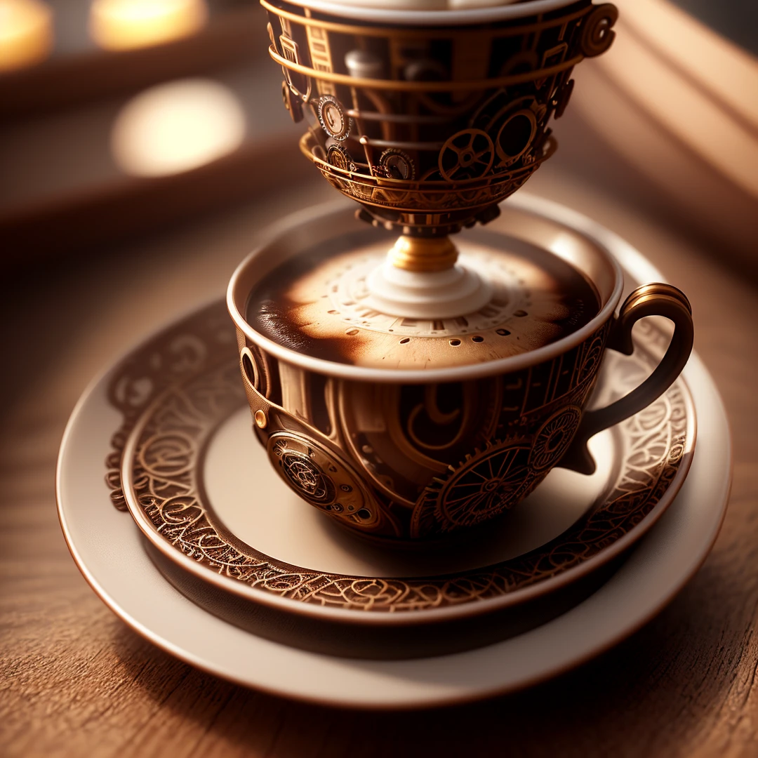 shot of one delicate realistic opened steampunk cofee cup. High quality photo, product photography, ultra high res, (photorealistic:1.4), cinema lighting, insanely detailed, hyper realistic, intricate design, fine details, octane render