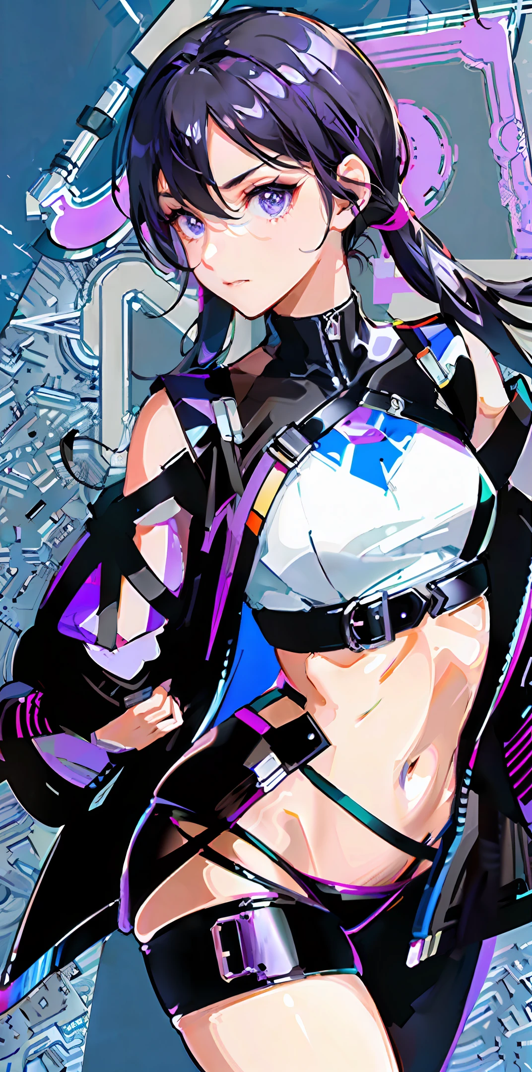 Black hair, pigtails, purple eyes, dynamic pose, black leather jumper, side tie panties (dark: 1.2) high definition, masterpiece, best work