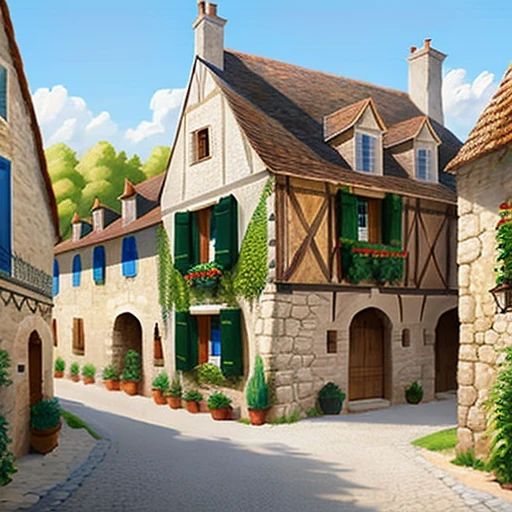 (((Ligne claire))) a medieval French inn in a medieval French village, by Edgar P. Jacobs, masterpiece, best quality