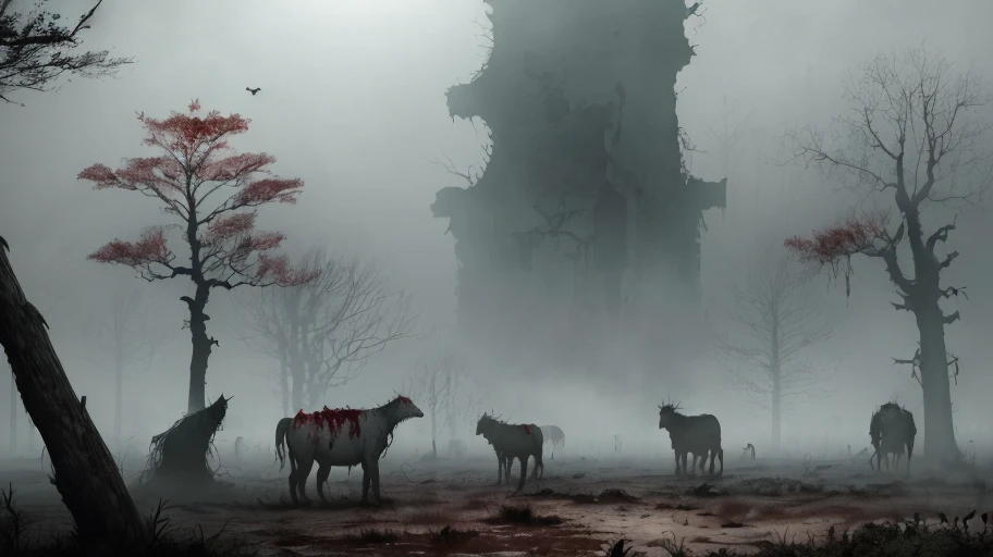 "(Zombie Crisis: 1.2), dilapidated and barren, flowing blood, exaggerated claw marks of large animals, (Forest: 1.5), no one's story, ugly zombies, withered plants, gray atmosphere, extremely scary, hazy Views, daytime scenes, cinematic masterpieces, best quality, octave rendering, 8k resolution."