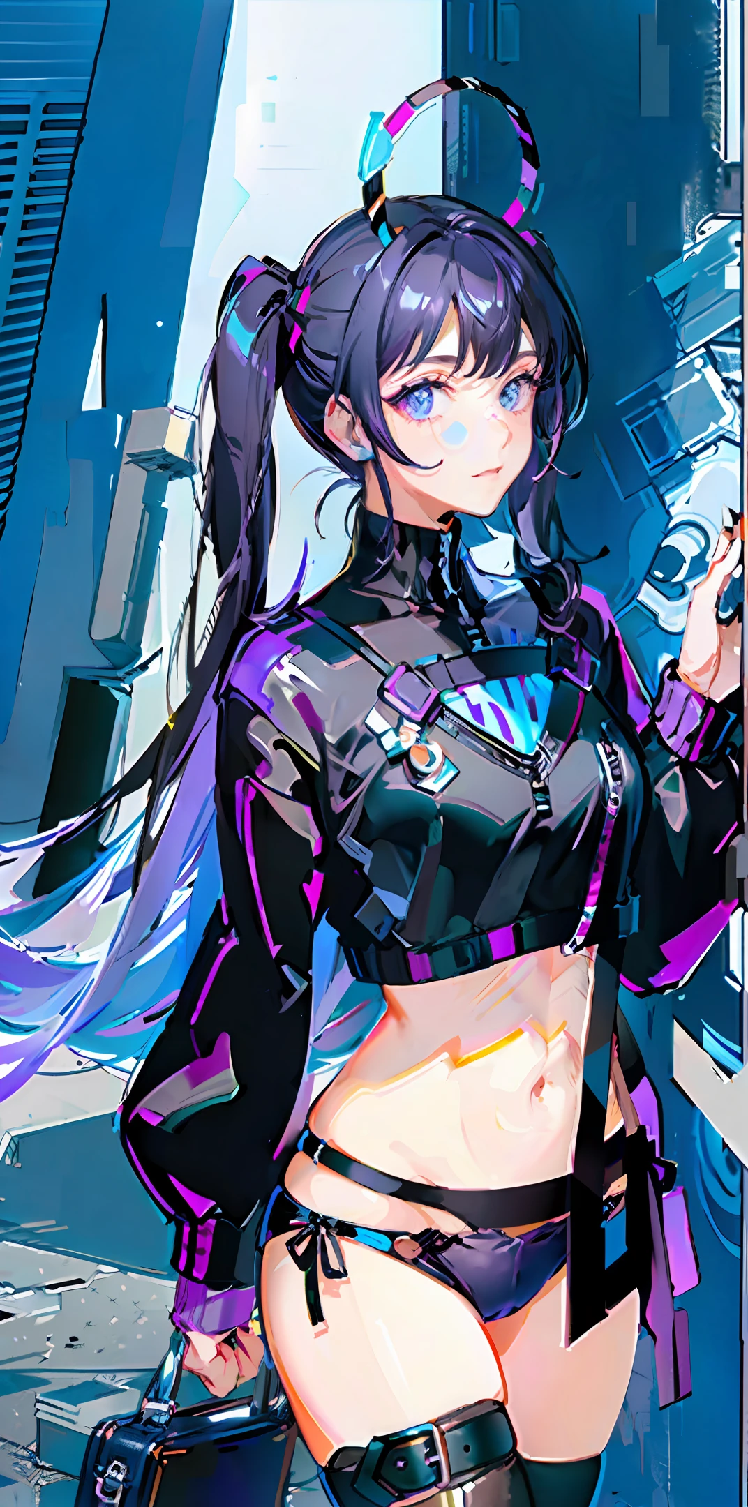 Black hair, pigtails, purple eyes, dynamic pose, black leather jumper, side tie panties (dark: 1.2) high definition, masterpiece, best work