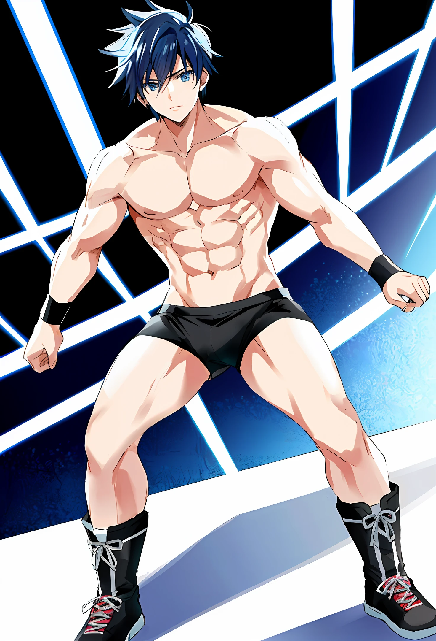 calem_(pokemon), highres, best quality, shirtless, black briefs, lean body, black hair, blue eyes, wrestling boots, blue wristbands, bare pectorals, fair skin, at a wrestling ring, solo, {{masterpiece}}