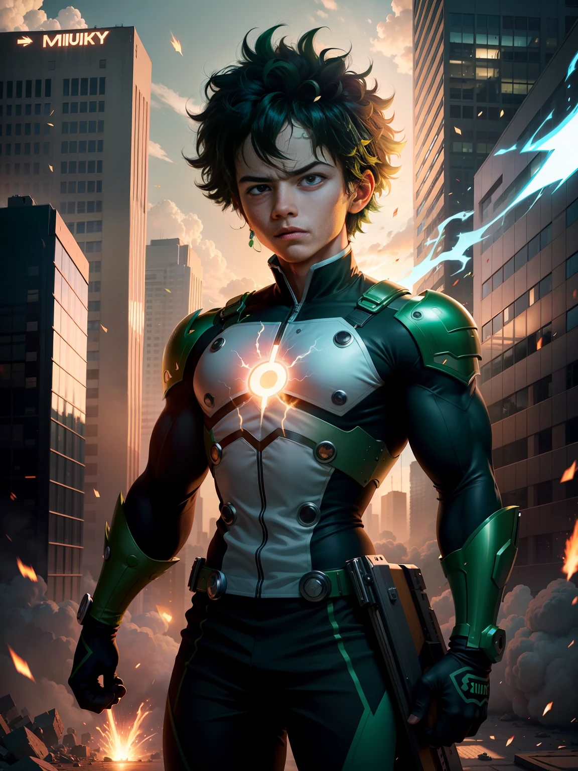 (extremely detailed CG unity 8k wallpaper,masterpiece, best quality, ultra-detailed),(best illumination, best shadow, an extremely delicate and beautiful),floating,

[(((Izuku Midoriya)), green costume, green lightning, heroic pose, determined expression, detailed muscles, wide shot)::0.8]

high-rise city, dramatic clouds, dynamic lighting, volumetric atmosphere, sparks, dust, vibrant color grading.