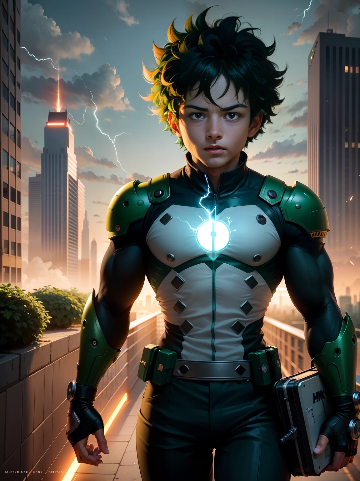 (extremely detailed CG unity 8k wallpaper,masterpiece, best quality, ultra-detailed),(best illumination, best shadow, an extremely delicate and beautiful),floating,

[(((Izuku Midoriya)), green costume, green lightning, heroic pose, determined expression, detailed muscles, wide shot)::0.8]

high-rise city, dramatic clouds, dynamic lighting, volumetric atmosphere, sparks, dust, vibrant color grading.