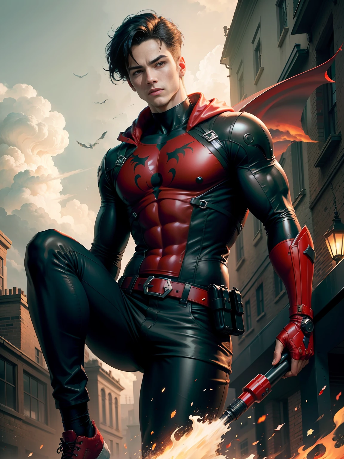 The masterpiece depicts Jason Todd, also known as the Red Hood, with a stunningly detailed CG Unity 8K wallpaper. The best illumination accentuates his features and gives the portrait an incredibly delicate and beautiful aesthetic. Jason is seen floating mid-air, with a dynamic angle capturing his pose and an intense expression on his face. His black hair with a white strand in front adds to the allure of the character, and his red eyes are captivating. The background features a mesmerizing scene with clouds and a hint of twilight, providing a stunning contrast to the overall picture.