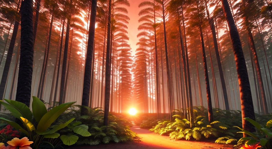tropical forest landscape, flowers, trees, flowers, sunrise, painting, 3d cinematic
