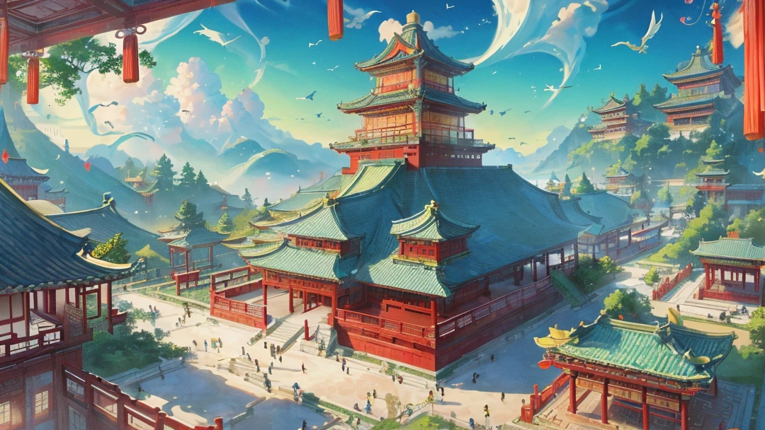The game scene, the ancient Chinese palace is located above the clouds, surrounded by clouds and mist, majestic, glazed tiles, Buddha statues, colorful rays of light, radiant colors, divine birds flying, ((color ink)),((splash ink)),((splash ink) ink}) ), masterpiece, high quality, beautiful graphics, high detail