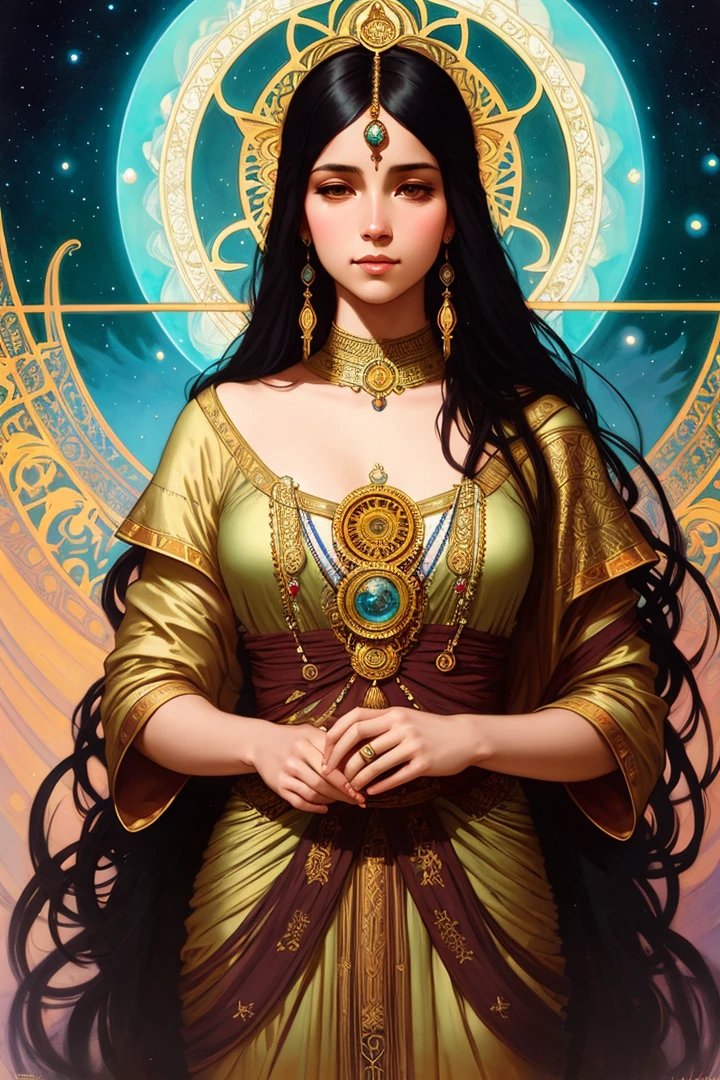 beautiful Hispanic, full body, looking at the viewer, symmetrical, eyes closed, slight smile, spiritual awakening, intricate details, cosmic, ethereal, mystical, complex environment, brush strokes, glowing lights, Greg Rutkowski, RHADS, Beeple, Makoto Shinkai, Lois van Baarle, Ilya Kuvshinov, Rossdrows, Tom Bagshaw, Alphonse Mucha, masterpiece, super high resolution, high quality,