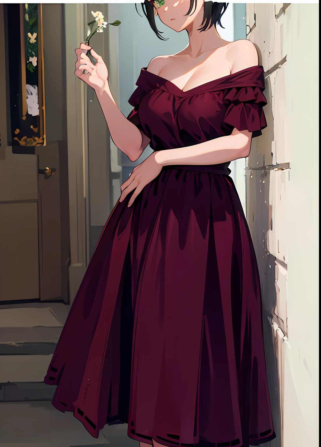 (masterpiece:1.2, best quality), (finely detailed beautiful eyes: 1.2), ((1girl)), ((solo)), (green eyes:1.4), (finely detailed eyes and detailed face:1.3), (short black hair), (detailed hair), (beautiful and clear background:1.2), (extremely detailed CG, ultra-detailed, best shadow:1.1), ((depth of field)), ((watercolor)), large breasts, beautiful concept illustration, (white background:0.5), (illustration:1.1), (extremely fine and beautiful:1.1), (perfect details:1.1), from side, cowboy shot,
