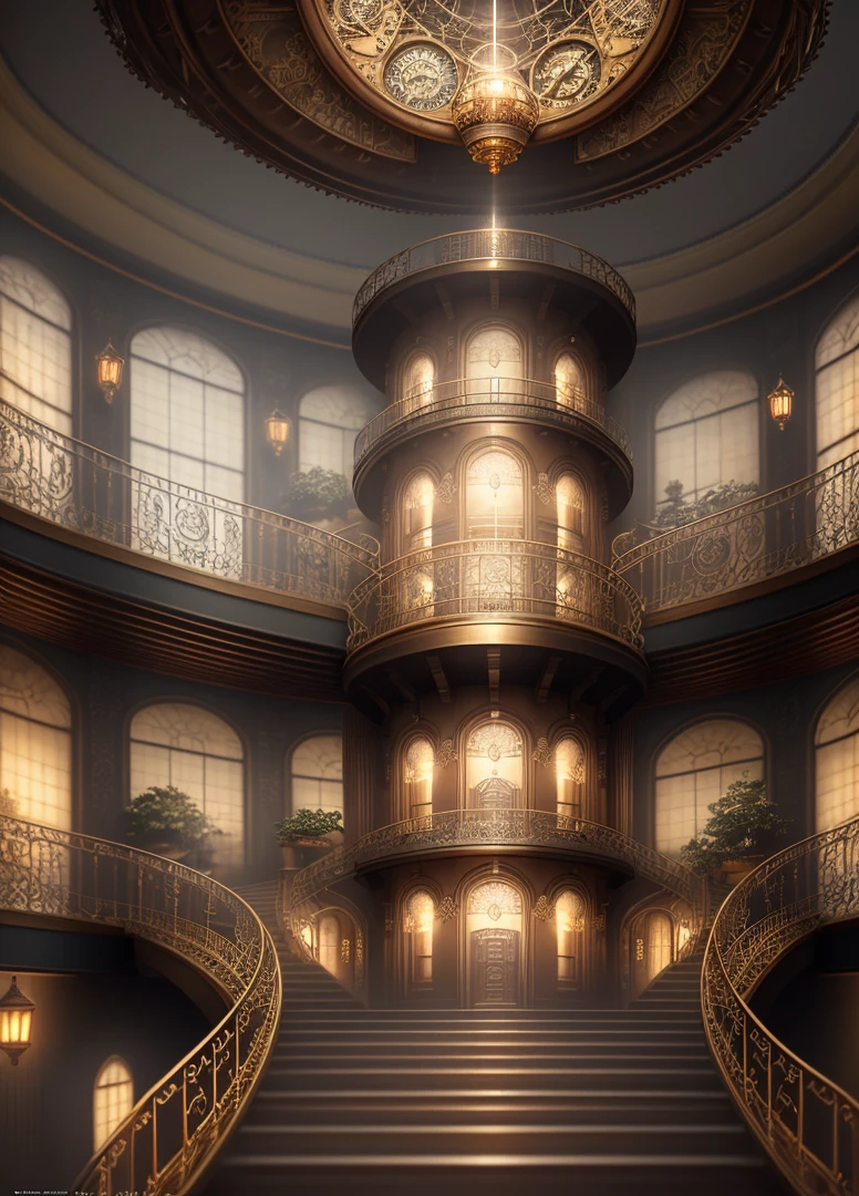 view from bottom on one delicate realistic ultradetailed steampunk stairs. infinite spiral,High quality photo, ultra high res, (photorealistic:1.4), cinema lighting, insanely detailed, hyper realistic, intricate design, fine details, octane render