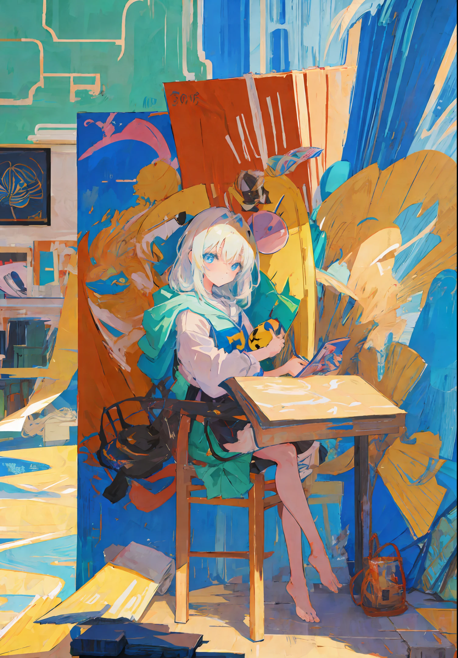 anime girl sitting on a chair reading a book in a room, painted in anime painter studio, anime style 4 k, anime art wallpaper 4k, anime art wallpaper 4 k, anime art wallpaper 8 k, guweiz on pixiv artstation, anime painting, guweiz on artstation pixiv, beautiful anime artwork, anime style illustration, anime style art