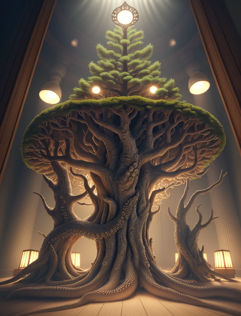 view from bottom on one delicate realistic ultradetailed very old rustical tree trunk, octopus, High quality photo, ultra high res, (photorealistic:1.4), cinema lighting, insanely detailed, hyper realistic, intricate design, fine details, octane render