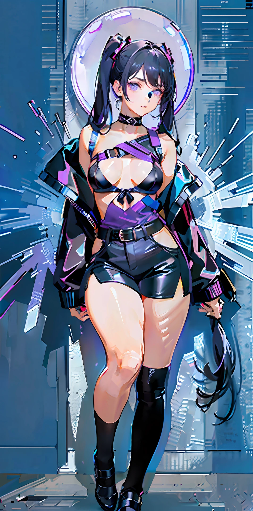 Black hair, pigtails, purple eyes, dynamic pose, black leather jumper, micro bra, side tie panty (dark: 1.2) high definition, masterpiece, best work