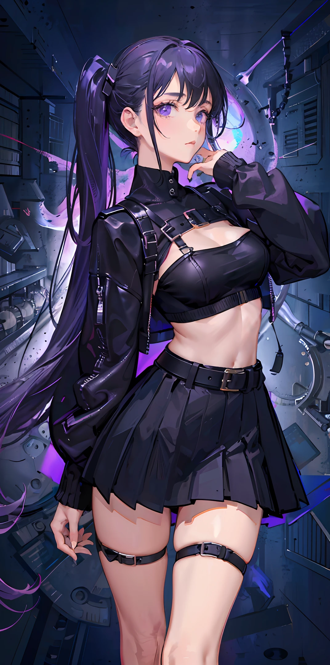 Black hair, pigtails, purple eyes, dynamic pose, black leather jumper, micro bra, side tie panty (dark: 1.2) high definition, masterpiece, best work