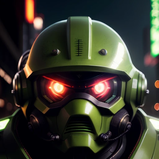 ultrarealistic portrait of a Green Zaku, 8K photographic style, sharp focus, dramatic lighting, super vibrant, neon accents, highly detailed and intricate, cinematic, cgsociety, –ar 1:1 –niji 5