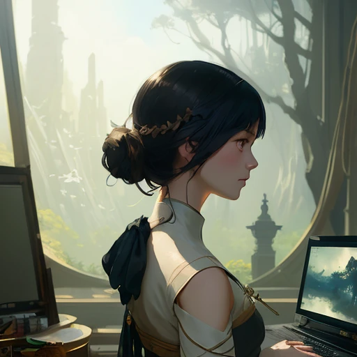 home office, girl with shoulder-length dark hair, back view, back view, worker, face not visible, modern, organized, spacious, large computer, popular in pixiv fanbox, experienced, resourceful, desktop, sorted, structured, scientific, engineering , highly detailed, packaged, romantic, ethereal, artstation trending, sharp focus, studio photo, Greg Rutkowski, painted, mystical, golden ratio, fake details, pixiv Trend fanbox, acrylic palette knife, makoto shinkai studio ghibli genshin Impact style James Gillard Greg Rutkowski Chiho Aoshima,