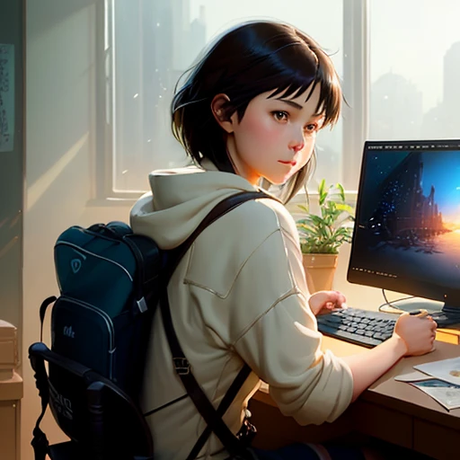 home office, girl with shoulder-length dark hair, back view, back view, working, face not visible, modern, organized, spacious, big computer, popular in pixiv fanbox, experienced, resourceful, desktop, sorted, structured, scientific, engineering, highly detailed, packed, romantic, ethereal, artstation trends, sharp focus, studio photo, Greg Rutkowski, painted, mystical, golden ratio, fake details, pixiv Trend fanbox, acrylic palette knife, makoto shinkai studio ghibli genshin Impact style James Gillard Greg Rutkowski Chiho Aoshima,