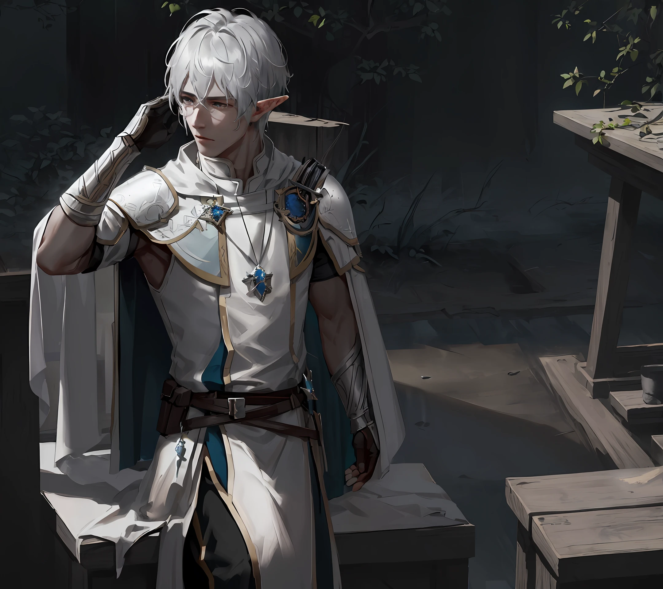 [hyper realistic:(unreal engine):realistic:,0.5,0.99], handsome 1 boy,(handsome face),(Sky), clouds (dark magic: 1.2), elf prince, mature, domineering,(muscular) knight Clothing, oiled skin, upper body, looking at viewer, long hair, white hair, (volumetric lighting), atmospheric perspective, dust particles, light axis, (e_foxy: 0.7), m_wlop, (e_landscape: 0.7 )