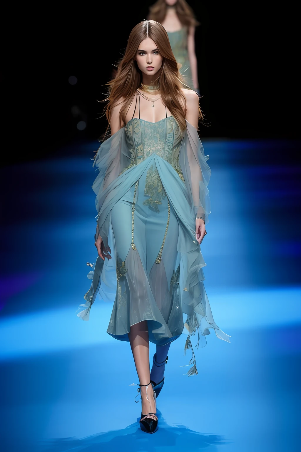 (1.8m high-definition model, runway catwalk, best picture quality, best details, best photo), slender legs, perfect body, (many close-ups of faces, recent photos, full body), clothes texture, clothes details, (( High-end summer limited fashion)).