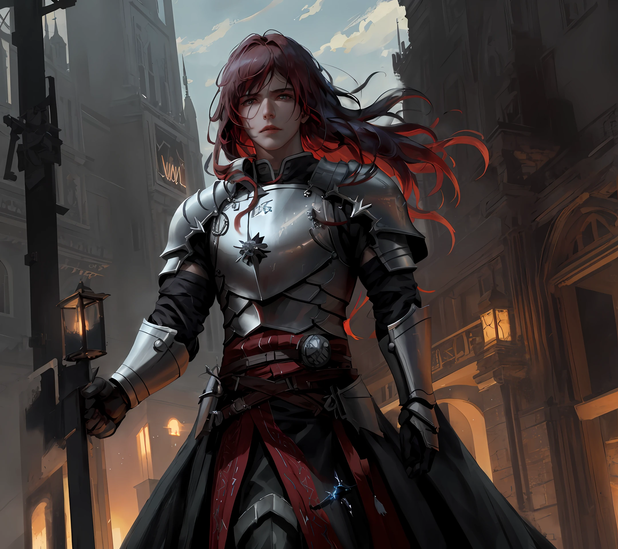 [hyper realistic:(unreal engine):realistic:,0.5,0.99], handsome 1 boy,(handsome face),(Sky), clouds (dark magic: 1.2), evil assassin, mature, domineering,(muscle), Knight costume, oiled skin, upper body, looking at viewer, long hair, red hair, (volumetric lighting), atmospheric perspective, dust particles, light axis, (e_foxy:0.7), m_wlop, (e_landscape:0.7)