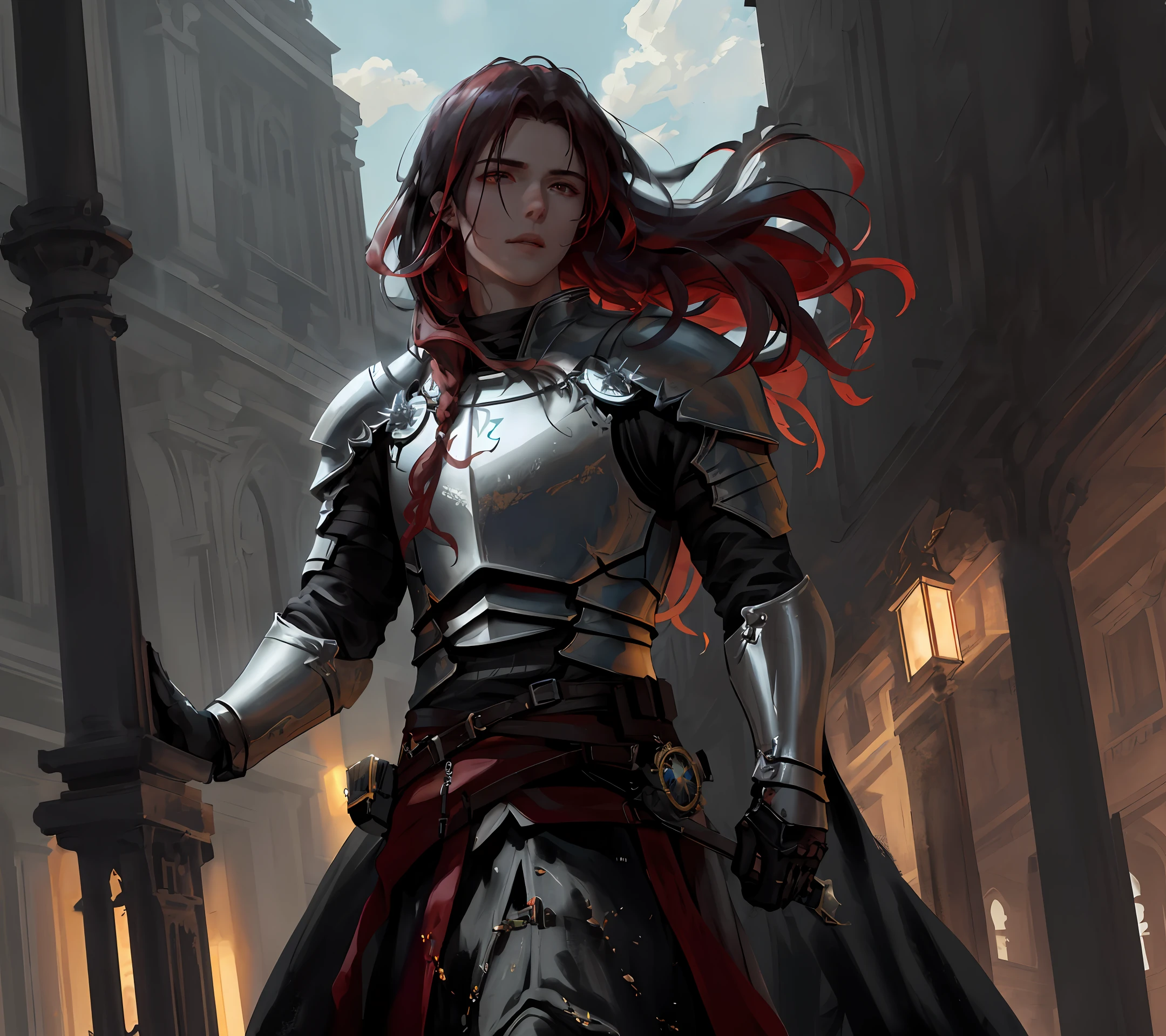 [hyper realistic:(unreal engine):realistic:,0.5,0.99], handsome 1 boy,(handsome face),(Sky), clouds (dark magic: 1.2), evil assassin, mature, domineering,(muscle), Knight costume, oiled skin, upper body, looking at viewer, long hair, red hair, (volumetric lighting), atmospheric perspective, dust particles, light axis, (e_foxy:0.7), m_wlop, (e_landscape:0.7)