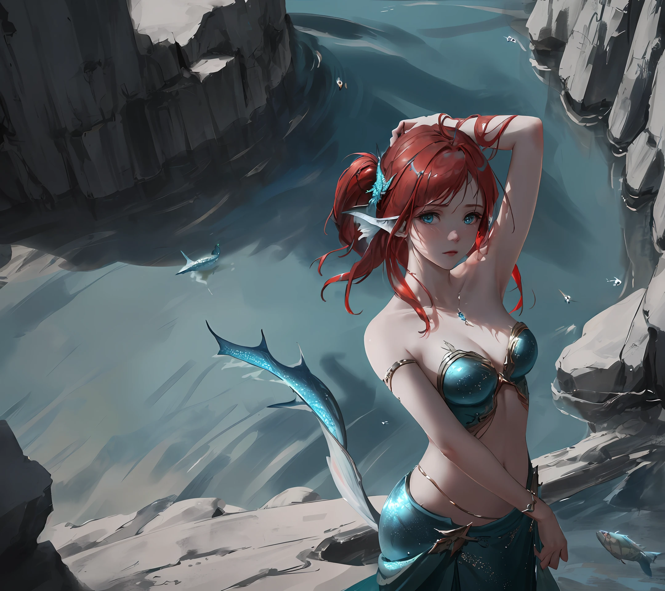 [hyper realistic:(unreal engine):realistic:,0.5,0.99], beautiful 1 female,(beautiful and delicate face),(Sky), (water magic: 1.2), naga mermaid anthropomorphism, temptation,(scales), Nice fish tail, oiled skin, upper body, looking at viewer, long hair, red hair, (volumetric lighting), atmospheric perspective, dust particles, light axis, (e_foxy: 0.7), m_wlop, (e_landscape: 0.7 )