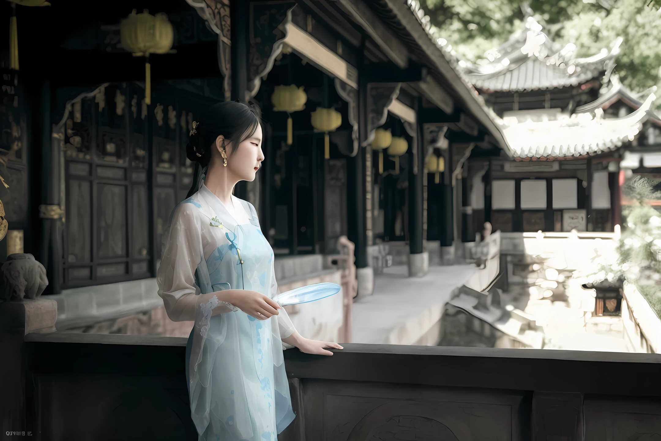 araffe woman in a blue dress standing on a balcony, palace ， a girl in hanfu, with acient chinese clothes, wearing ancient chinese clothes, traditional chinese clothing, inspired by Tang Yifen, white hanfu, chinese woman, inspired by Tang Yin, zhang daqian, inspired by Qiu Ying, hanfu, inspired by Dai Xi