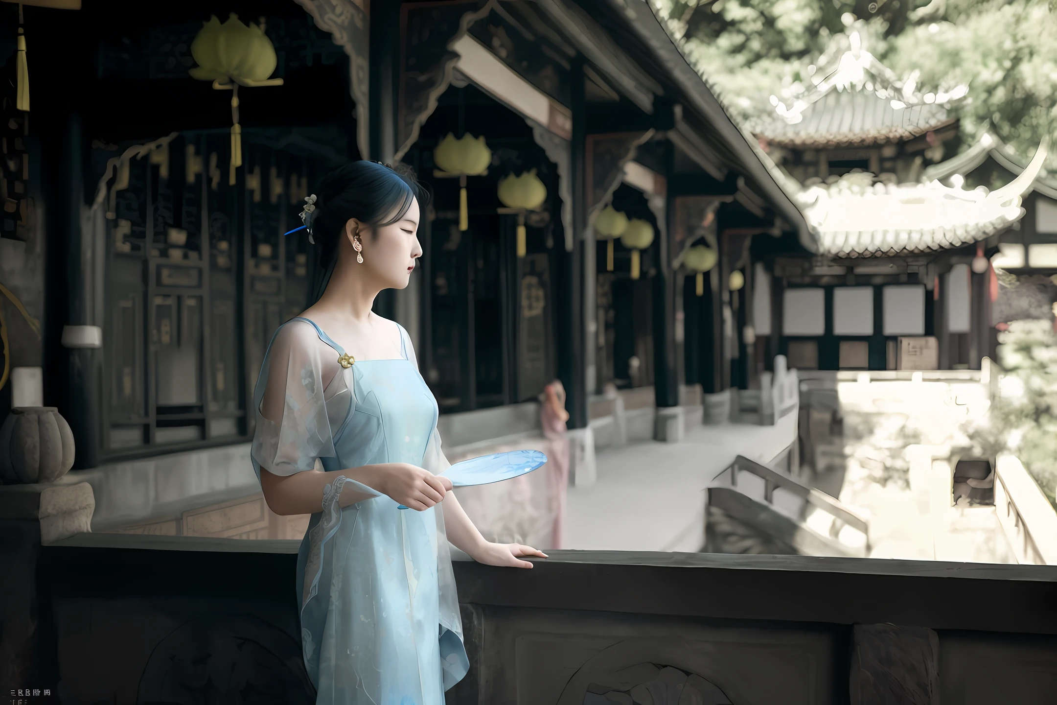 araffe woman in a blue dress standing on a balcony, palace , a girl in hanfu, with acient chinese clothes, wearing ancient chinese clothes, traditional chinese clothing, inspired by Tang Yifen, white hanfu, chinese woman, inspired by Tang Yin, zhang daqian, inspired by Qiu Ying, hanfu, inspired by Dai Xi