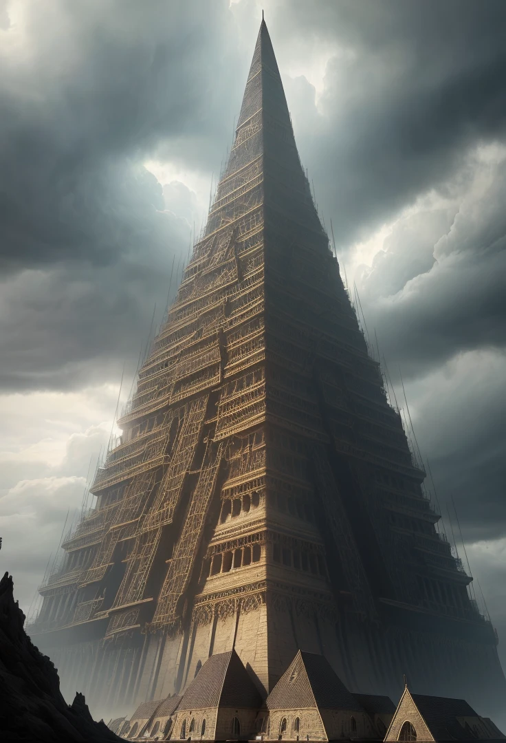 view from bottom on one realistic pyramid, with tree roots, storm clouds, dark sunny atmosphere, High quality photo, ultra high res, (photorealistic:1.4), cinema lighting, insanely detailed, hyper realistic, intricate design, fine details, octane render