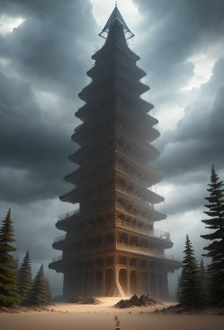 view from bottom on one realistic summer pyramid, with tree roots, storm clouds, dark sunny atmosphere, High quality photo, ultra high res, (photorealistic:1.4), cinema lighting, insanely detailed, hyper realistic, intricate design, fine details, octane render
