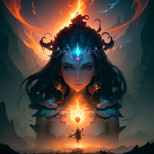 Masterpiece, best quality, (highly detailed CG unity 8k wallpaper), (best quality), (best illustration), (best shadows), ridiculous, realistic lighting, (flaming abyss), beautiful detailed glow, Art by Peter MohrBacher,