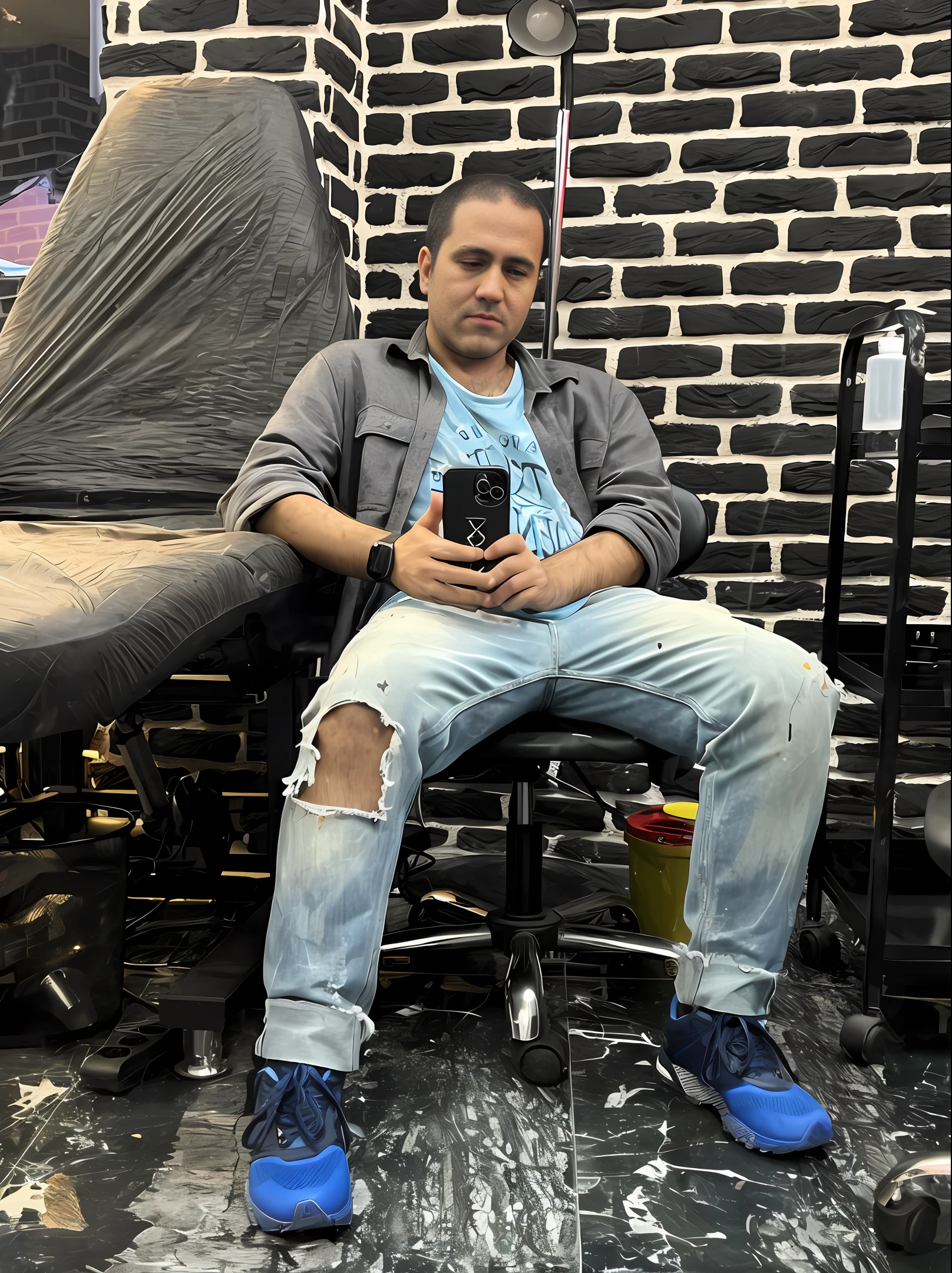 arafed man sitting on a chair with a cell phone in his hand, tattoo artist, 1614572159, tattoo parlor photo, hyper realistic style, ripped jeans, in a style of hyperrealism, 🤬 🤮 💕 🎀, style of seb mckinnon, sittin, full body realistic portrait, full body picture, hyper realism