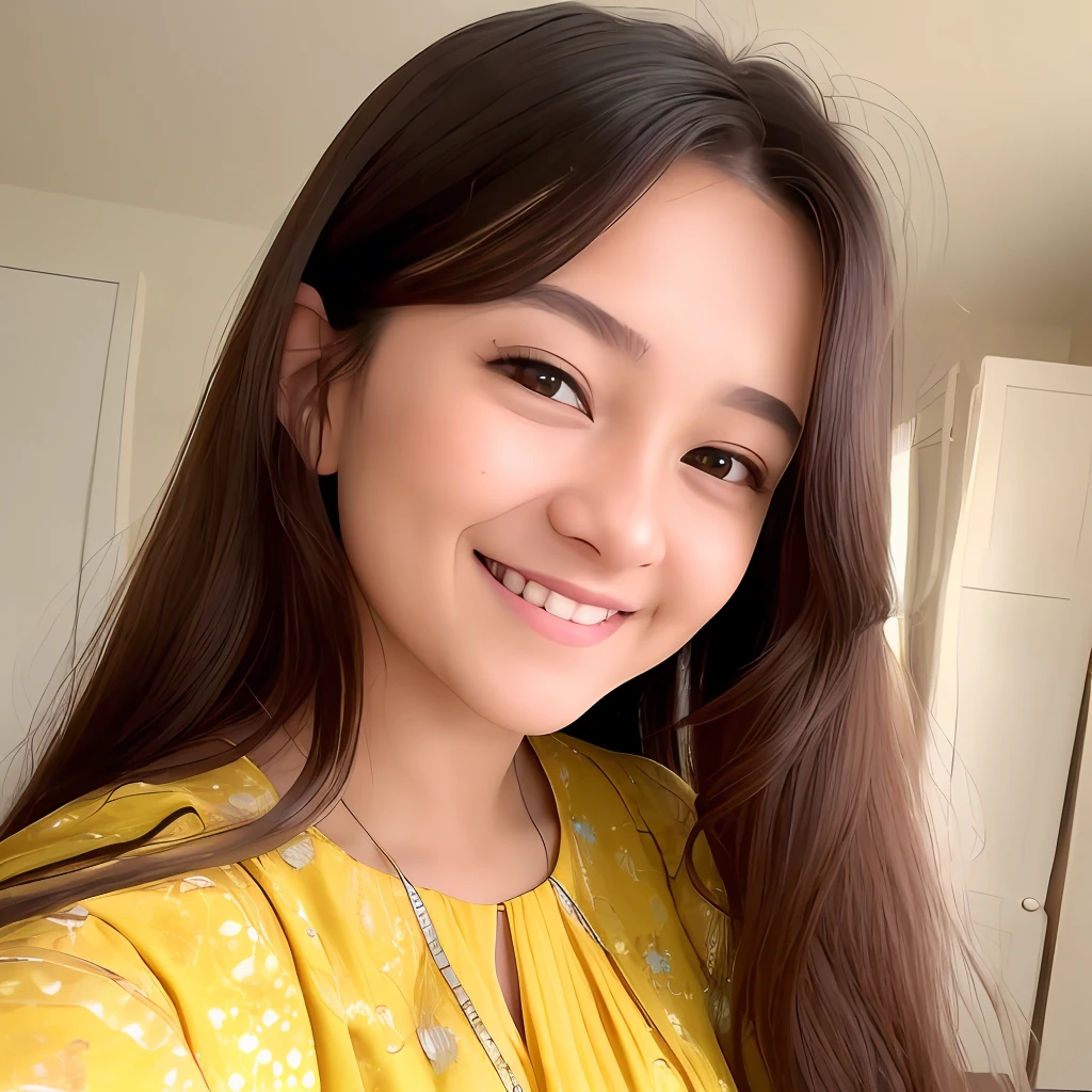 a close up of a woman with long hair wearing a yellow dress, cute beautiful, beautiful and smiling, with cute - fine - face, with a beautifull smile, lovely smile, slight cute smile, very beautiful girl, attractive girl, beautiful cute, beautiful smiling face, she is smiling, she has a cute face, she has a cute expressive face, charming smile.