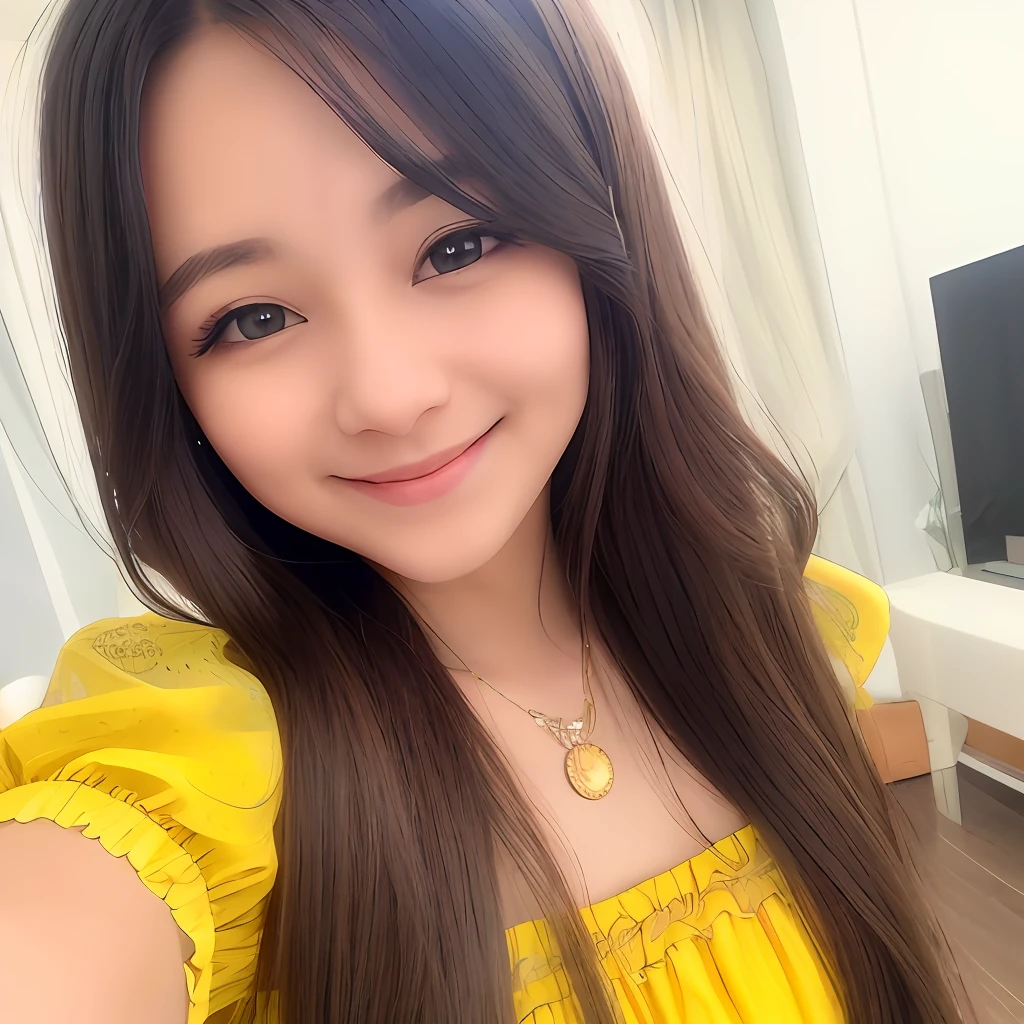 a close up of a woman with long hair wearing a yellow dress, cute beautiful, beautiful and smiling, with cute - fine - face, with a beautifull smile, lovely smile, slight cute smile, very beautiful girl, attractive girl, beautiful cute, beautiful smiling face, she is smiling, she has a cute face, she has a cute expressive face, charming smile.