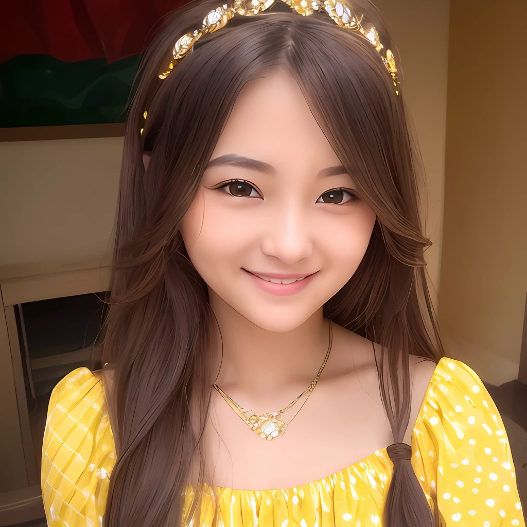 a close up of a woman with long hair wearing a yellow dress, cute beautiful, beautiful and smiling, with cute - fine - face, with a beautifull smile, lovely smile, slight cute smile, very beautiful girl, attractive girl, beautiful cute, beautiful smiling face, she is smiling, she has a cute face, she has a cute expressive face, charming smile.